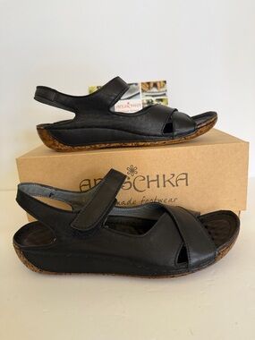 Anuschka Womens Black Genuine Leather Sling Back Sandals Handmade Sz 5.5 -6 Boho